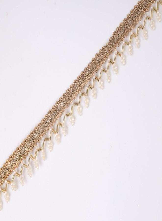 Anida lace for Saree Indian Beaded Tassels Lace Trim for Dress Embellishments for Crafting, Sewing and Cloth Accessories 9meter (Pack of 1) (Gold and White 1) - Image 1